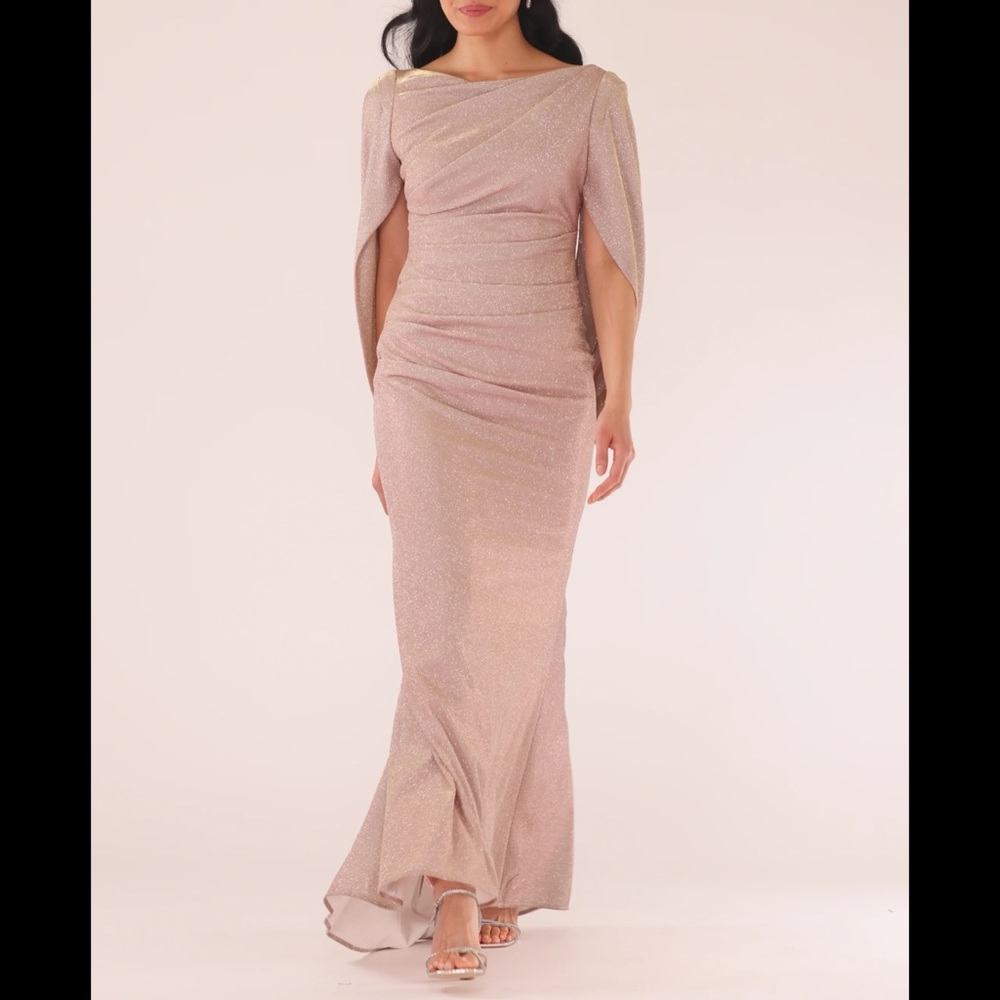 Betsy & Adam Draped Glitter Lace Cape Gown